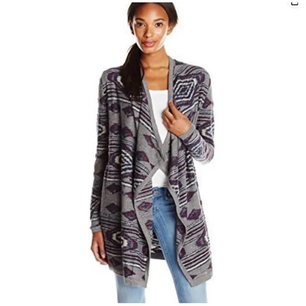 Lucky Brand Wool Blend Women Small Aztec Boho Open Long Cardigan Gray Blue